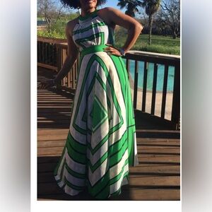 Eliza J 20W printed crepe de chine scarf dress green navy white. HTF Plus Size